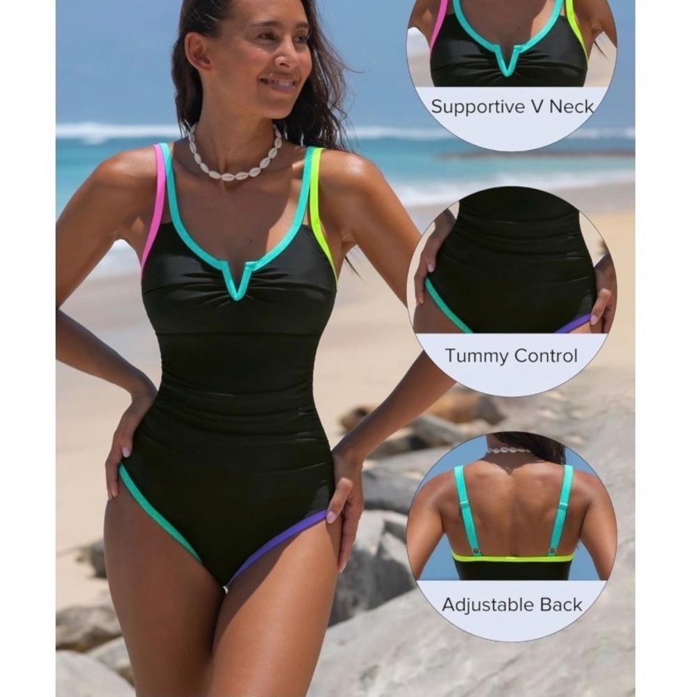 Popvil Womens One Piece Swimsuit Tummy‎ Control Retro Neon Black Small - Picture 4 of 5